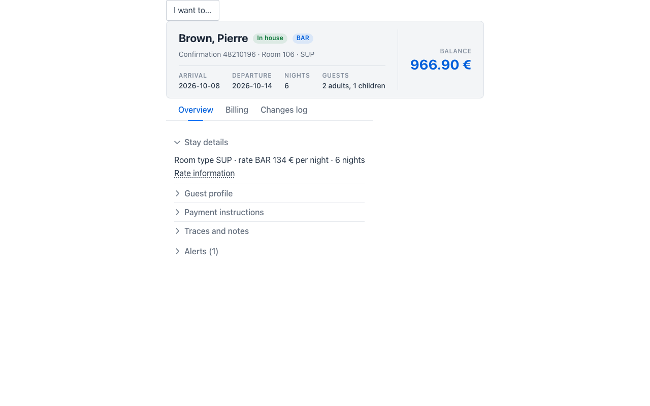 A reservation page with its "I want to…" trigger above the header card