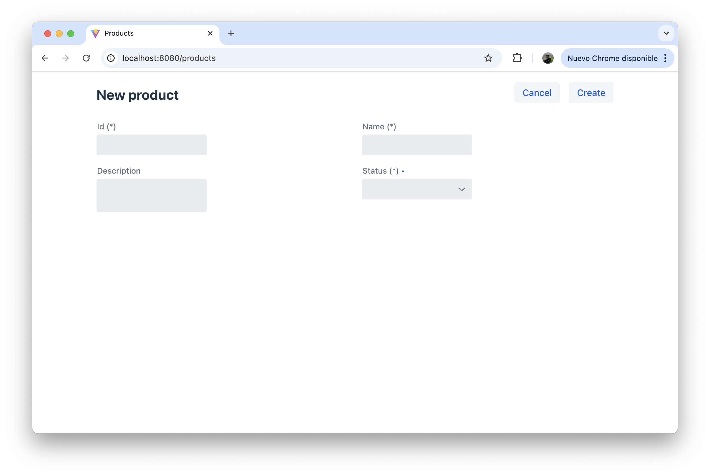 Empty new product form