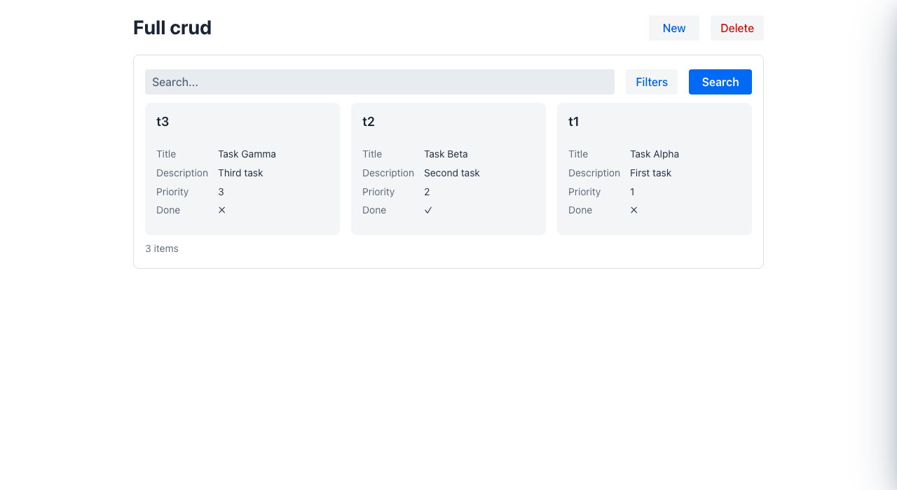 A CRUD listing: search, toolbar, rows