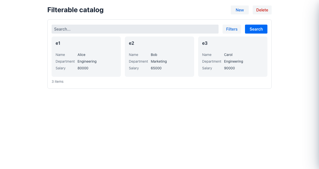 Listing with search bar, filters and paginated table
