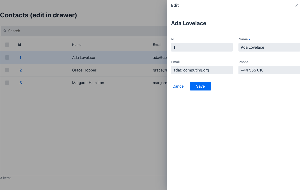 A row click opens the edit form in a drawer over the listing