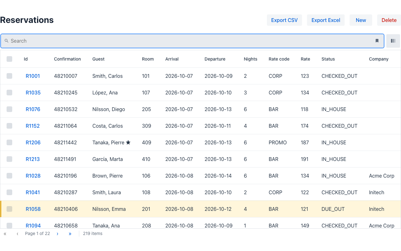 A reservations listing; hovering a rate or guest shows its details