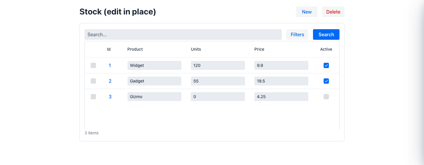 Stock listing with in-place editors