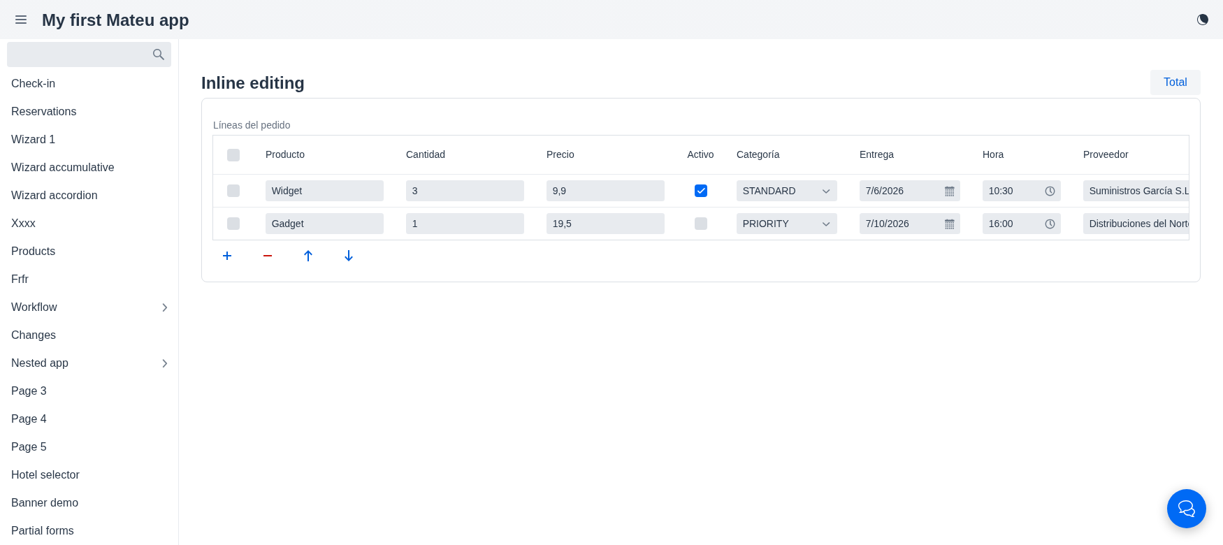 Inline editing — order lines edited directly in the grid cells