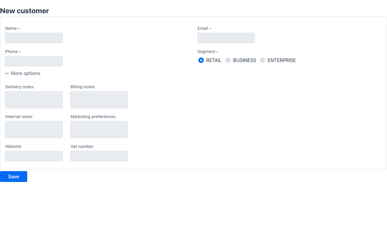 Editable form with optionals folded into a More options panel