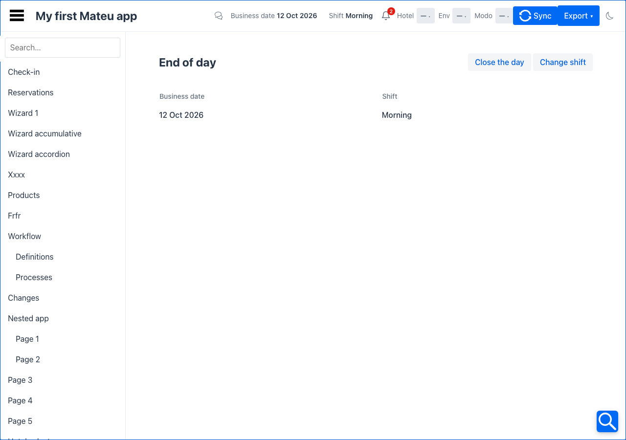 The business date and the shift on the app header