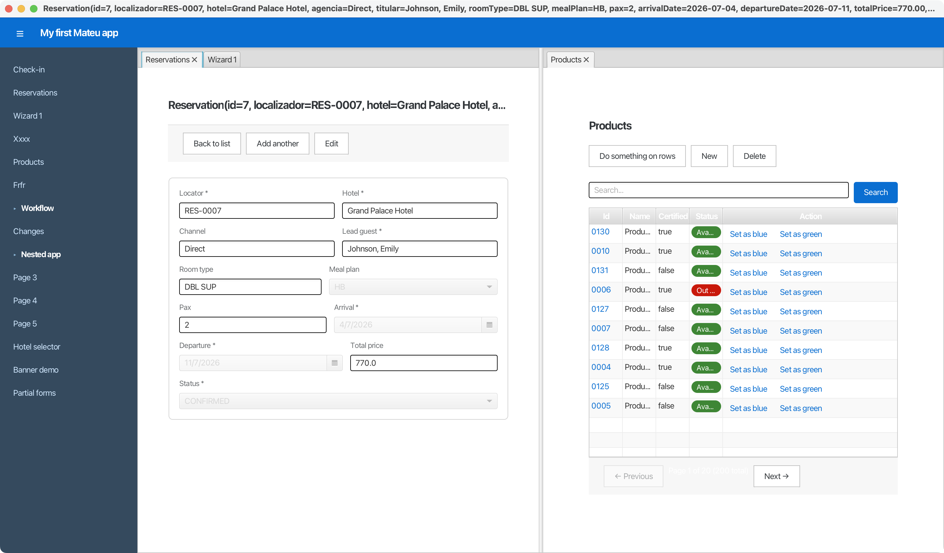 The JavaFX desktop renderer showing two docked panes side by side: a Reservation detail (with its own "Reservations / Wizard 1" tabs) on the left and a Products CRUD listing on the right, plus the collapsible left menu.