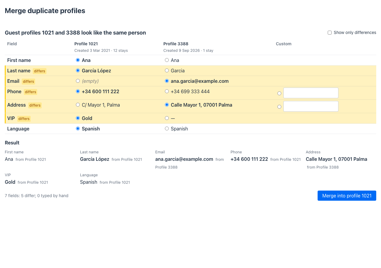 Two duplicate guest profiles side by side, the rows that differ highlighted
