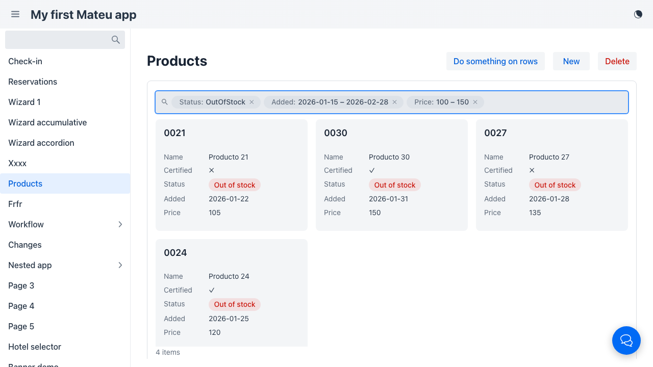 Listing with the smart search bar: status, date-range and price-range chips applied