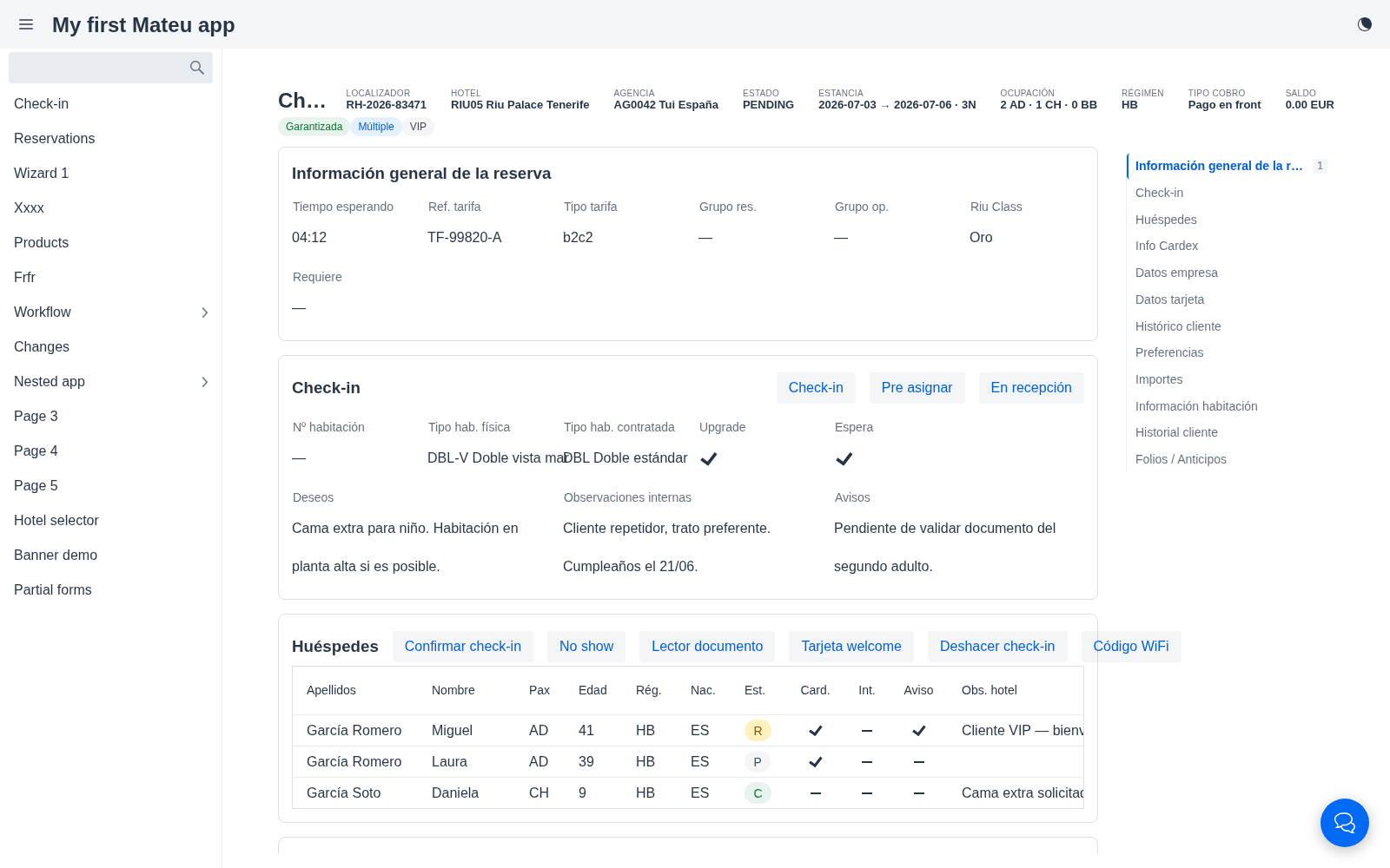 Docs-style check-in with a sticky sections index