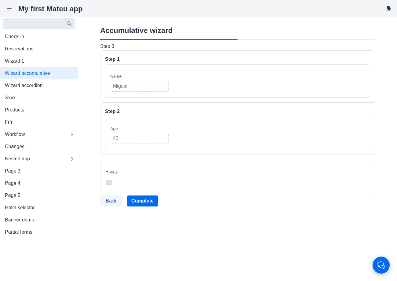 Accumulative wizard — completed steps recapped above the current one
