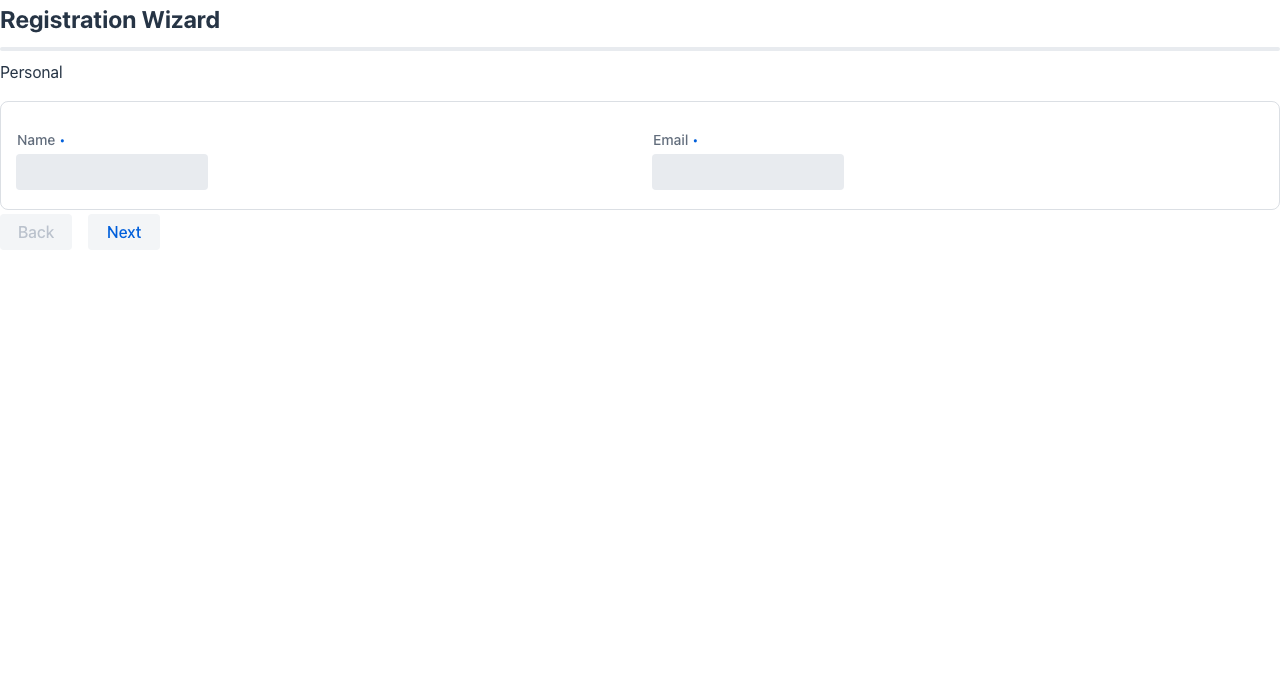 Registration wizard — step 1 with progress bar and Next button